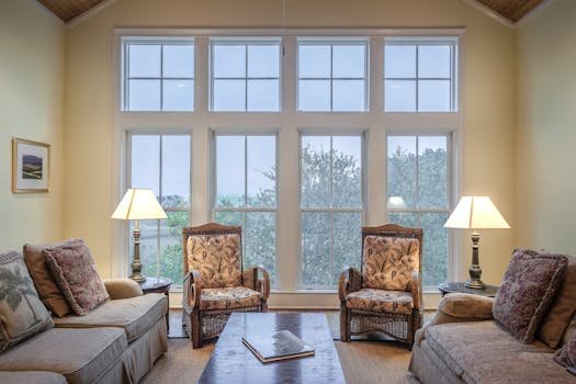 A cozy living room showcasing elegant furniture with large glass windows and warm lighting.